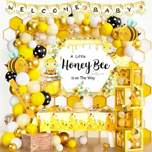 Bee Baby Shower Decorations, Bumble Bee Baby Shower Decor, A Little Honey is On The Way Backdrop Balloon Banner Tablecloth Cake Cupcake Topper Box Sash Cutouts