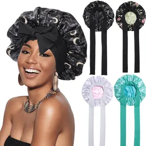 Satin Bonnet Reversible Double Layer Two-Color Silk Like Texture for Sleeping Cap Hair Bonnet with Elastic Tie Band for Curly Hair Night Cap