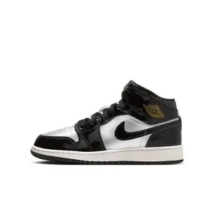 Nike Air Jordan 1 Mid SE Black Metallic Silver Women's / Youth Perfect Daily Casual Fashion Footwear High-Top Sneaker Shoe Girl