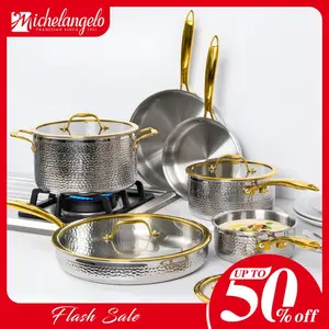 Michelangelo Triply Stainless Steel Pots and Pans Set, 10-Piece Hammered Stainless Steel Cookware Set with Golden Handle, Premium Induction Kitchen Cookware, Oven Safe