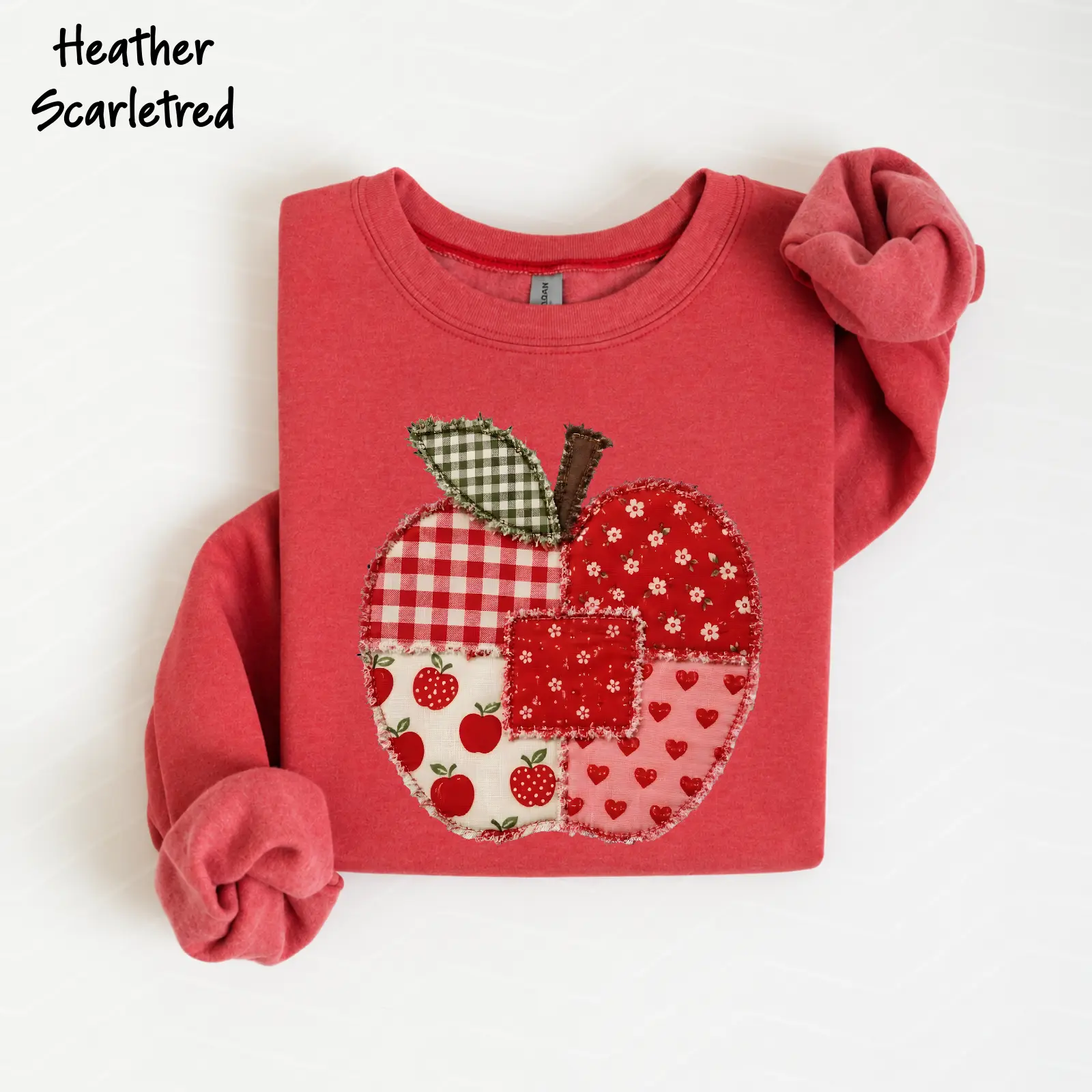 PRINTED Patchwork Apple Teacher Sweatshirt, Preppy Apple Graphic Crewneck, Back to School Teacher Pullover, Teacher Appreciation Gift