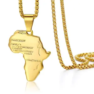 Hermah Africa Map Pendant Necklace Yellow Gold Filled Stainless Steel Box Chain 18-22inch