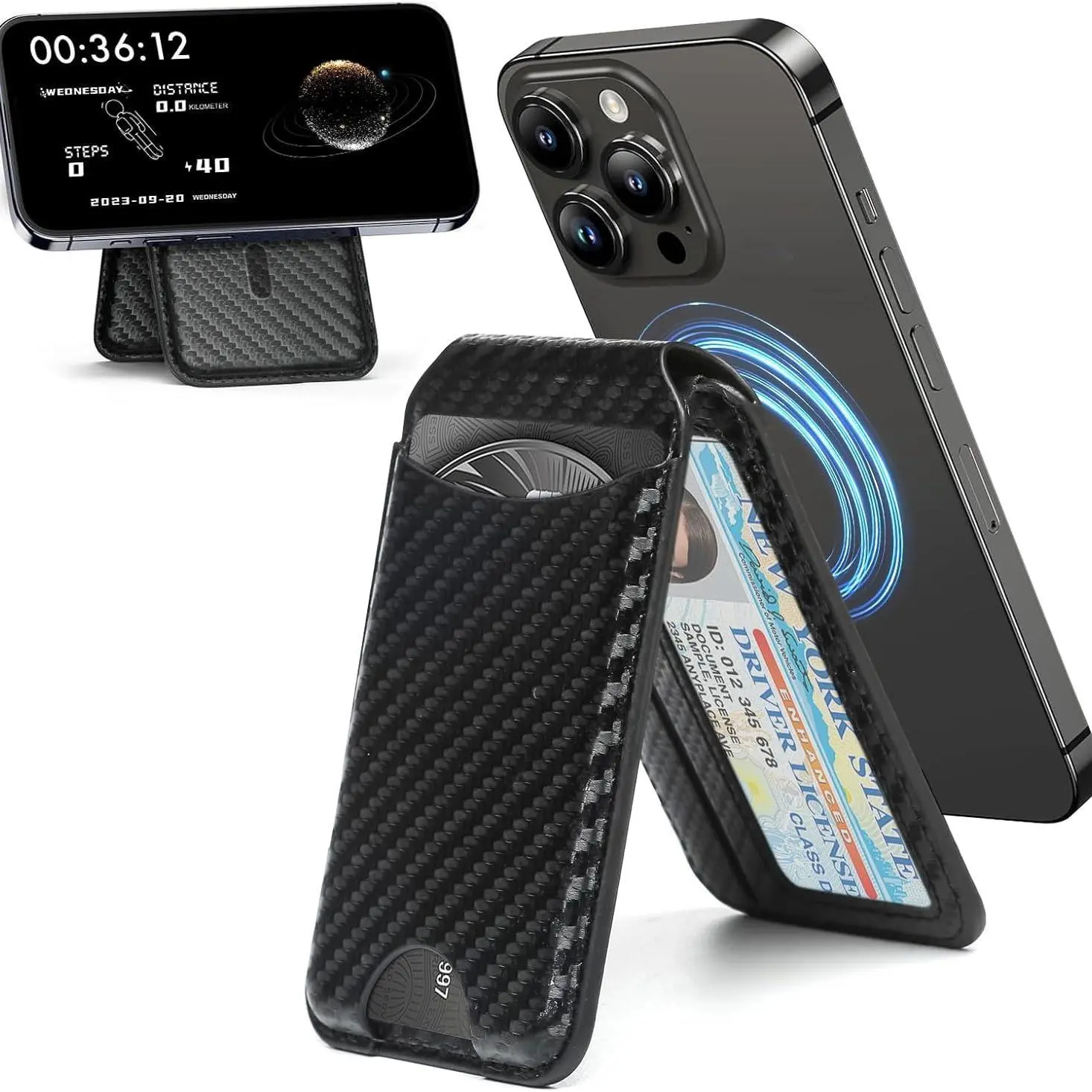 MagSafe Wallet with Apple Find My, Adjustable Stand and Open ID Window, Magnetic Wallet for iPhone 17/16/15/14 Pro Max/14 Pro/14/14 Plus/13/12 Series, 9 Cards, Black Carbon Fiber