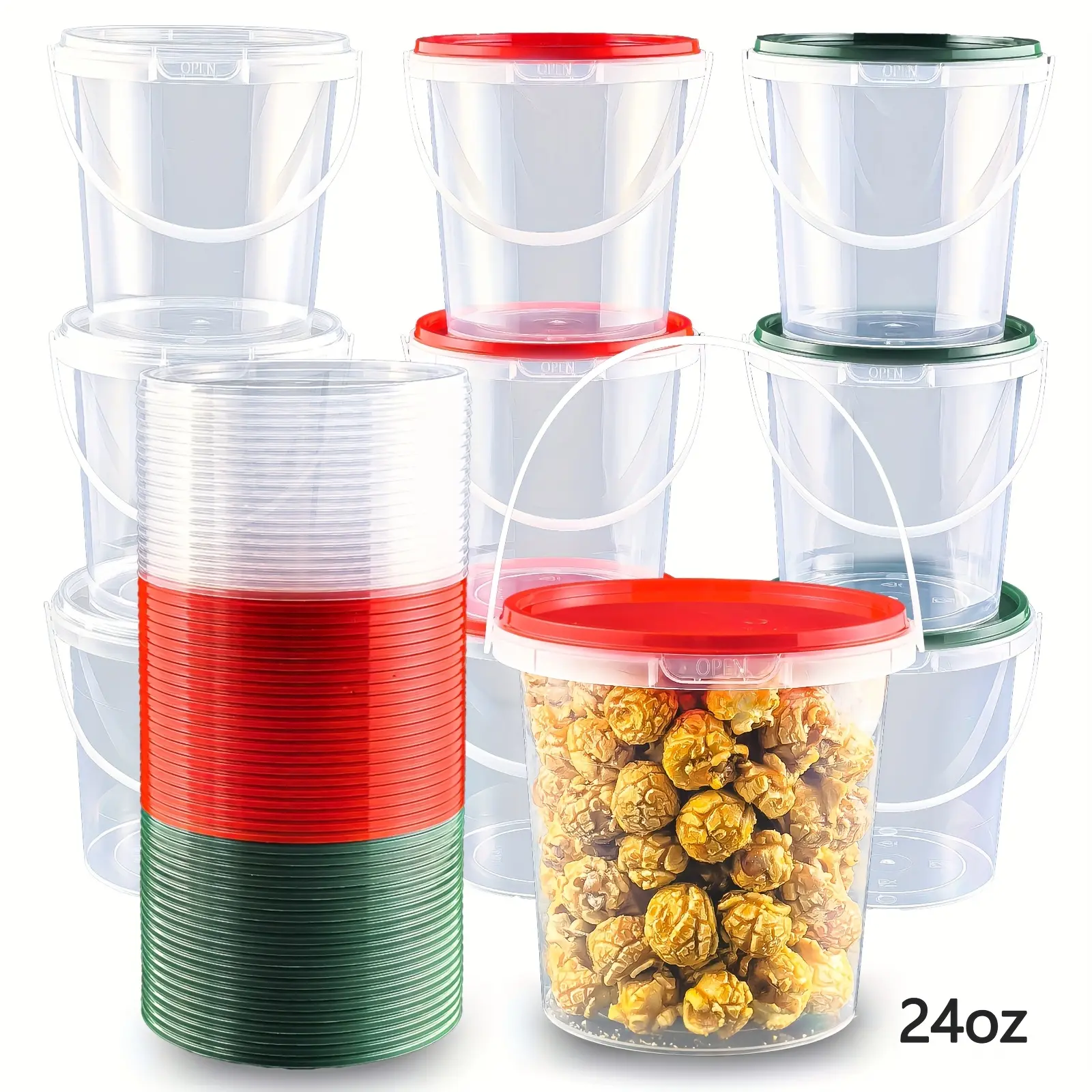 20-Piece 25oz Polypropylene Kitchen Storage Containers with Clip-On Closure Lids, Transparent Cylindrical Buckets, Microwaveable Color-Coded Holders for Storing Snacks, Christmas Party Supplies, Container