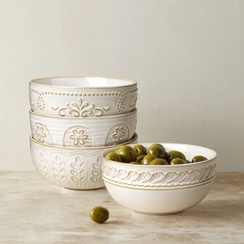 6.3 Inch Embossed Pho, Udon & Pasta Bowls, Dishwasher Safe Pinwheel Flower Sturdy