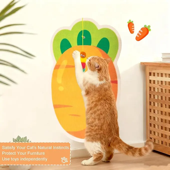 Self-Adhesive Wall Mounted Cat Scratcher, Durable No Shed Felt Cat Scratch Pad to Protect Sofa & Furniture, Space Saving Vertical Climbing Mat for Indoor Cats, Cute Carrot Shape Wall Cat Scratching Board for Living Room Kitchen, 1 Piece