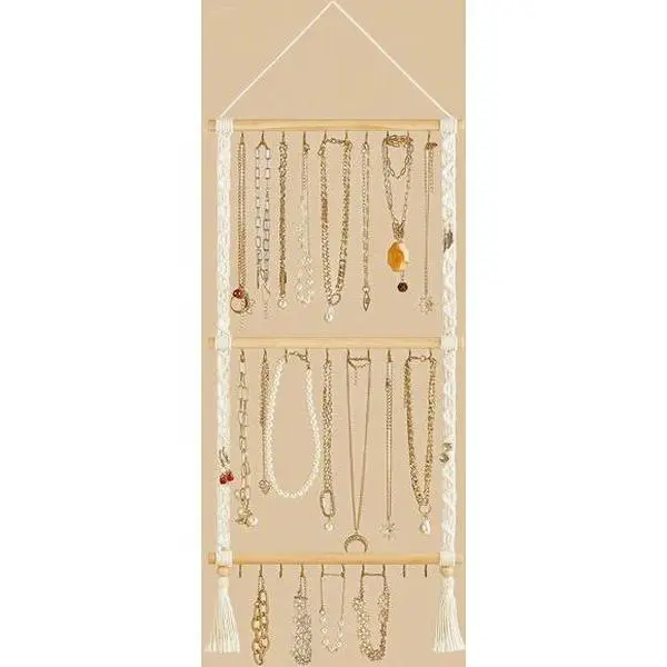 Boho Style Cotton Durable Macrame Wood 30-Hook Jewelry Organizer with Tassels & Fringe, 34x13 Inch Wall-Mounted/Over-Door Holder for Necklaces, Earrings, Bracelets, Hair Accessories, Space-Saving Decorative Storage