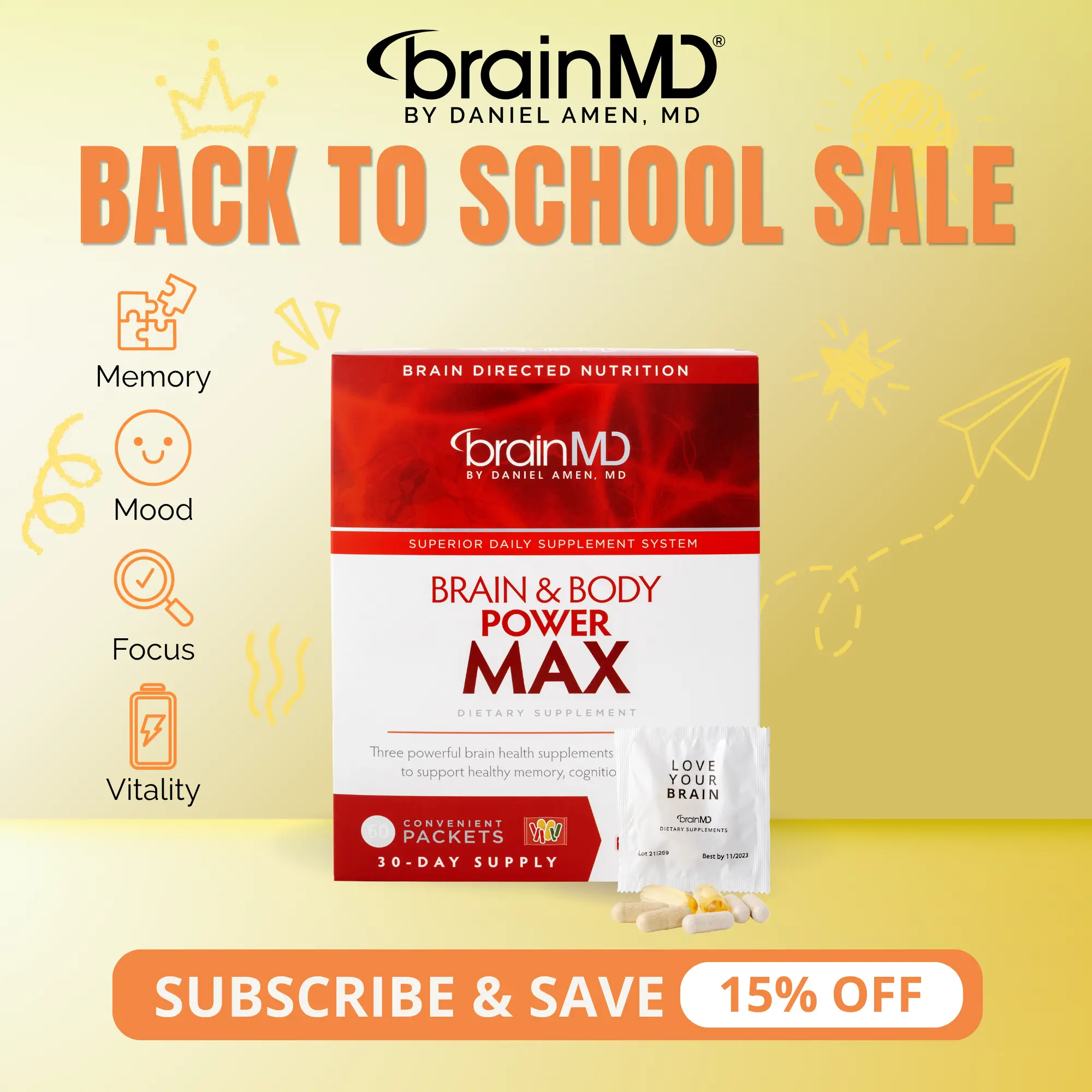 Brain & Body Power MAX | BrainMD | 60 Packets | Memory, Mood & Vitality Support | Focus, Heart & Immune Health | Multivitamin, Omega-3 & Nootropic Blend