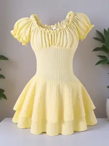 Girls Dress, Square Neck Ruffle Detail, Short Sleeve Multi-Layer Hem, Fashionable Elegant Sweet Style, Casual Summer Wear, Layered Ruffle Dress, Frilled Dress