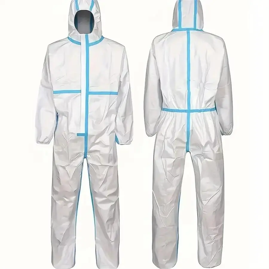 1pc White Disposable Hazmat Suit with Hood, Elastic Cuffs, Waist & Ankles - Waterproof, Tear-Resistant 65GSM Polypropylene Coveralls Stain Resistant Workwear for Painting, Cleaning, Industrial Tasks