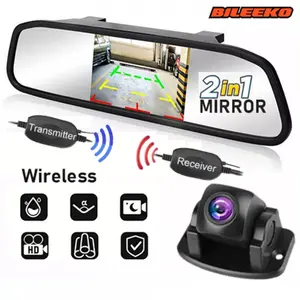 Car Backup Tech! Bileeko Rearview Mirror Dual Monitor Wireless Transmission HD License Plate Camera Car Dashcam Parking Reverse Protection