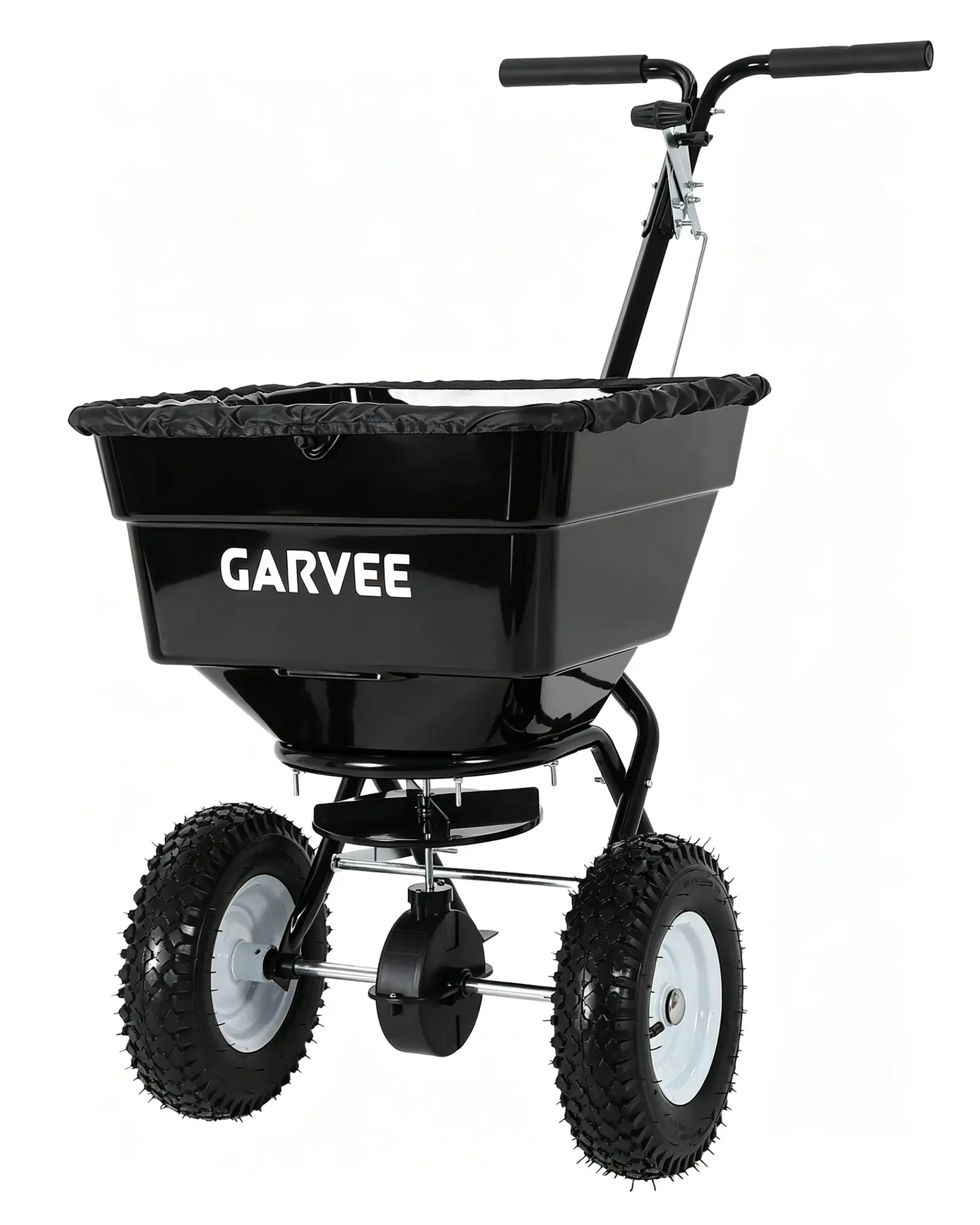 Heavy Duty 125 lbs Tow Behind Broadcast Spreader – 9.8FT Spreading Width, Dual Auto-Stop Impeller, 30 Adjustable Settings, Global Hitch for UTV/ATV/Mowers – Lawn & Garden Seeder for Fertilizer, Seed, Salt, Ice Melt