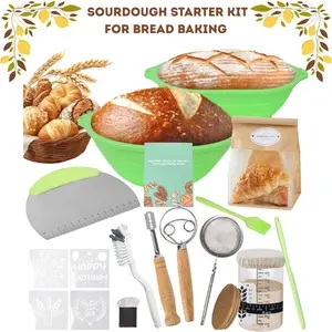 Sourdough Starter Bread Baking Kit with 10” Oval & 9” Round Banneton Proofing Baskets, Starter Jar, Silicone Baking Tools, Bakeware Set, Bread Making Supplies, Mother’s Day Gift, Father’s Day Gift, Birthday Gift
