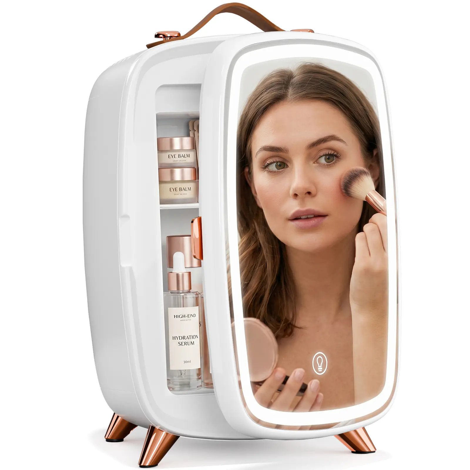 Antarctic Star 6L Mini Fridge for Skincare - Compact Cooling System Fits Vanity Desk, Nightstand, Bathroom Counter & Small Spaces - LED Mirror Door with Adjustable Brightness - Top Leather Handle - Cools 15-17℃ Below Ambient