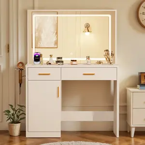 35.4" LED Vanity Mirror with Light Strips, 3 Color Lighting, Charging Station (AC/USB-C), 2 Drawers & Cabinet, Makeup Desk - White