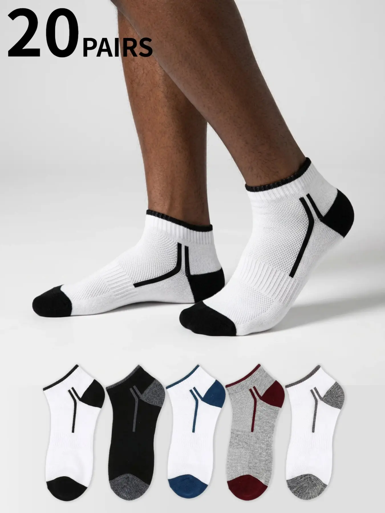 20 pairs of unisex ankle socks, breathable and quick-drying, perfect for year-round Sports athletic wear and comfortable everyday use. Men's athletic socks, breathable spring/summer athletic socks.
