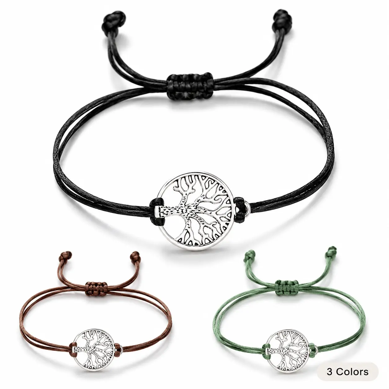 Tree of Life Cord Bracelet, Symbolic Minimalist Jewelry with a Round Charm, Adjustable Resizing Knot for Unisex All Seasons Wear, Everyday, Wax Rope