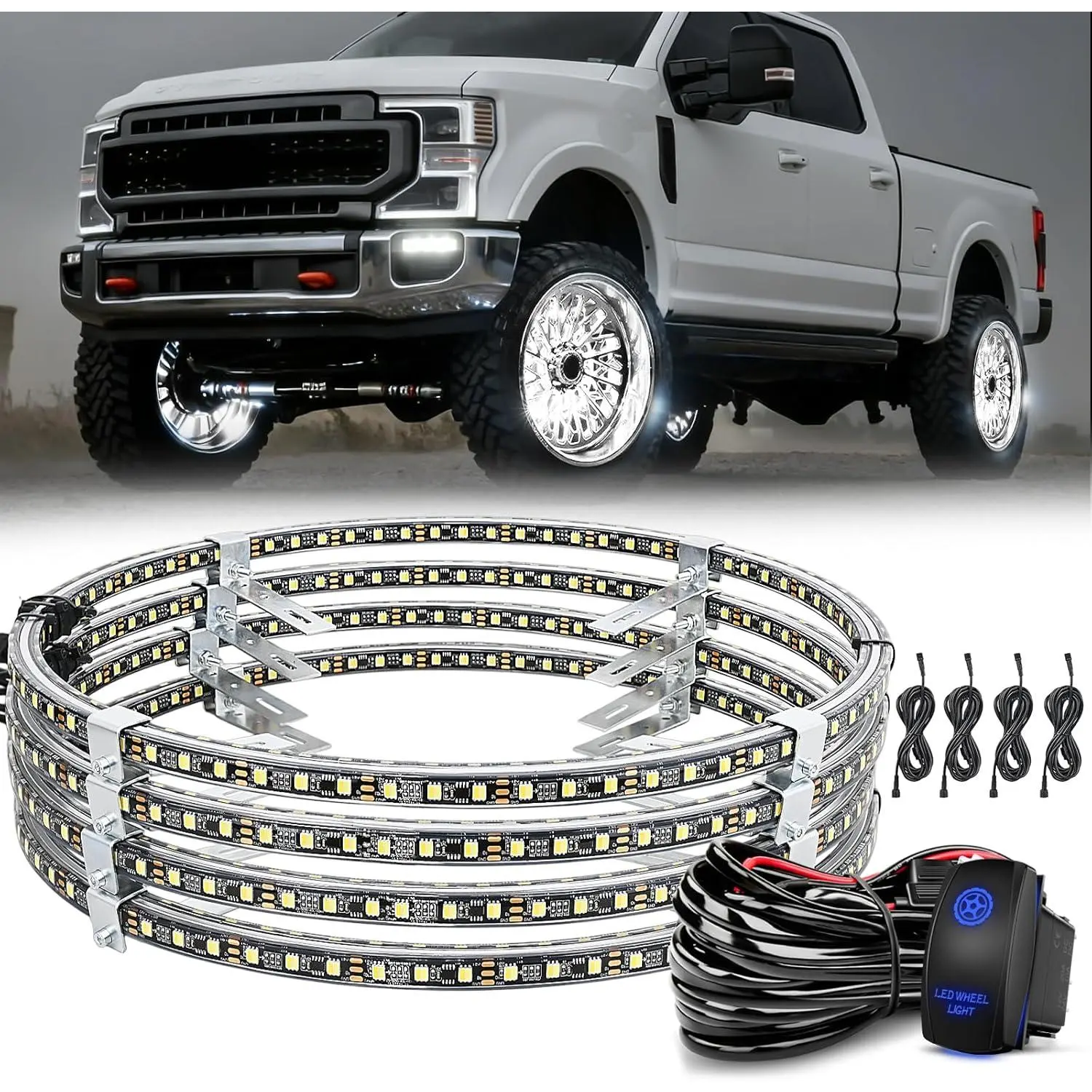 Nilight 4PCS 17in Stainless Steel LED Rim Lights, 13ft/160in Pure White Wheel Ring Lights with High-Bright LEDs, Waterproof IP67, 5-Pin Rocker Switch Wiring Harness Kit, Includes Brackets for Car/SUV (Fathersday Gift Option)