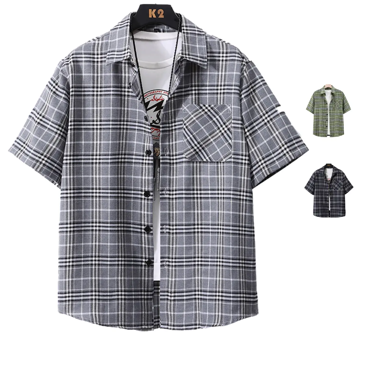 Men's Casual Plaid Turn-Down Collar Buttoned Short Sleeve Shirt with Pocket on Front Suitable for Summer Wear