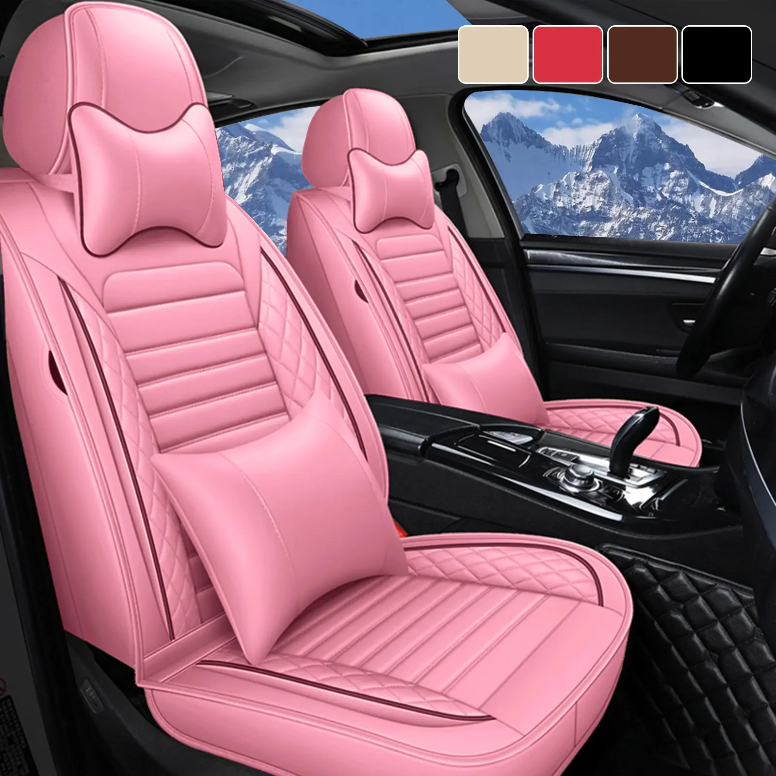 OTOEZ Girly Pink PU Leather Car Seat Covers Full Set 5PCS Cute Stylish Waterproof Soft Touch Full Coverage Universal Fit for Women Drivers Auto Accessories