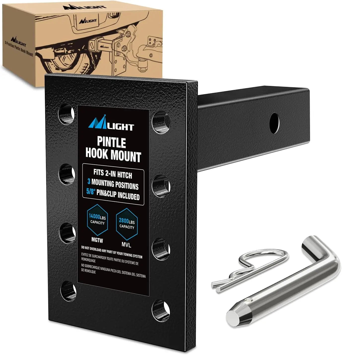 Nilight 3-Position Pintle Hook Mount with Pin & Clip - 2-in Hitch Receiver Fit, Height-Adjustable Solid Steel, 14,000 lbs MGTW, 9 in Length, Black Plate, Ideal for Hauling ATVs & Towing Trailers, Atv Hauling