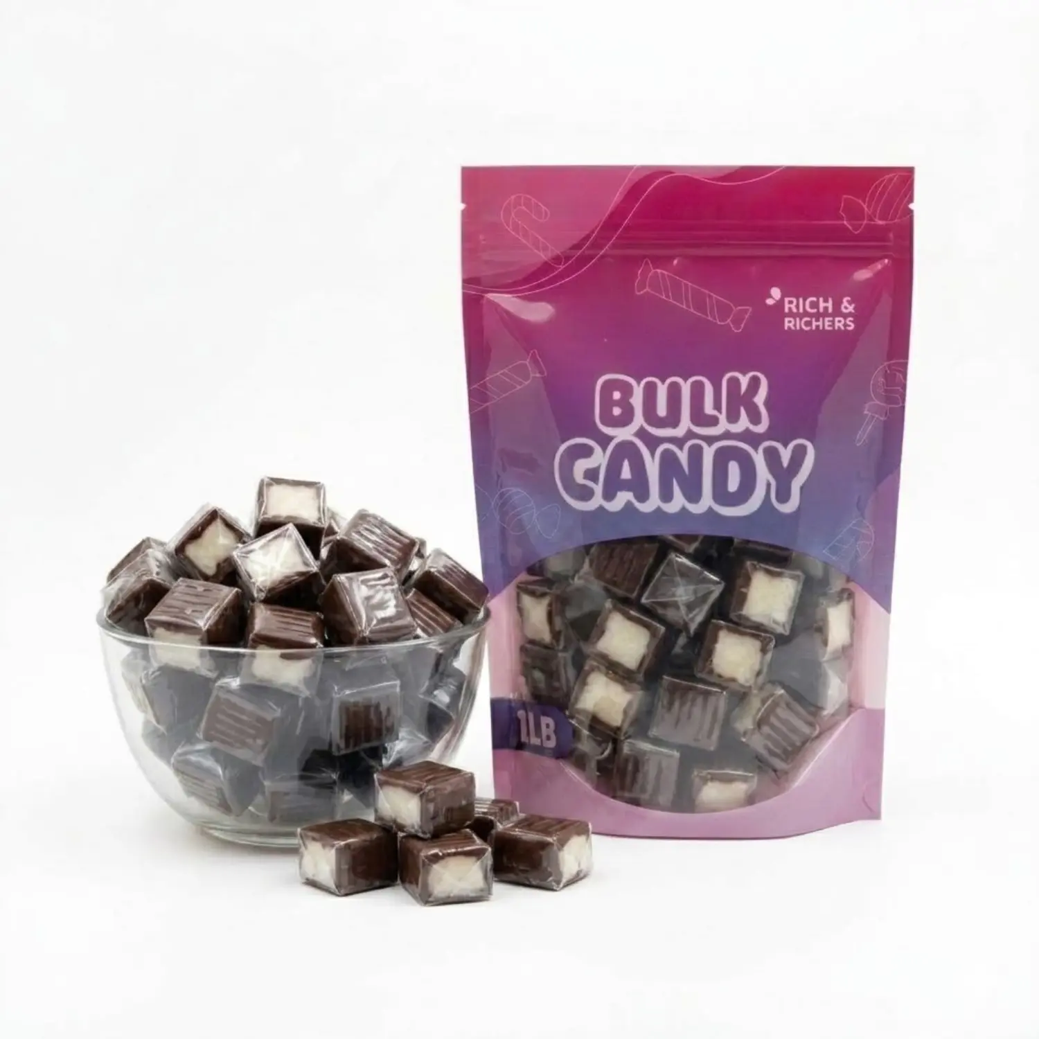 Rich & Richers Chocolate Coconut Caramel Cubes 1LB Bulk Bag Gourmet Individually Wrapped Tropical Toffee Candy Cocoa Infused Chewy Caramel with Creamy Coconut Center Perfect Snack for Any Occasion - Soft