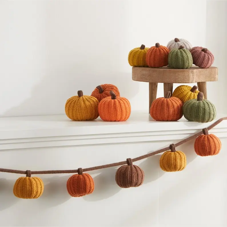 Knit pumpkin garland for mantel 6' garland, fall bookshelf decor, little pumpkin baby and birthday decor, autumn decor garlands, cozy gifts