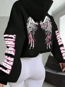 Women's Angel Wing Pattern Graphics Hoodie, Casual Warm Lined Long Sleeve Sweatshirt, Fall Winter Daily Wear, Fallen Angel Valentine's Day Tops