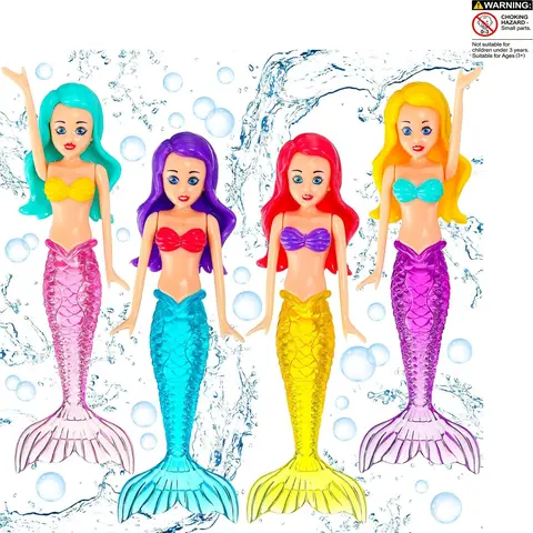 4 Counts Colorful Mermaid Dive Bath Toys, Fun Water Play Pool Swimming Games for Boys Girls Teens Adults, Perfect for Pool Parties