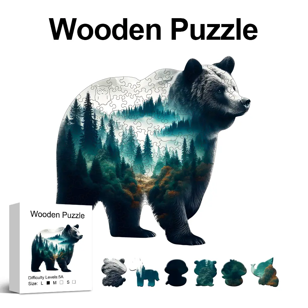 Irregular Shape Forest Black Bear Wooden Puzzle for Adults - Observation-Focused DIY Leisure Toy, Ideal Birthday Holiday Gift, Home Decor Piece