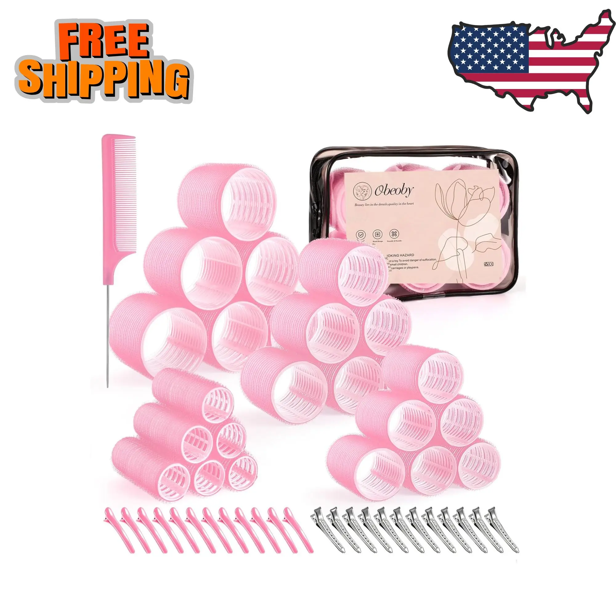 4 Sizes Self-Grip Hair Rollers Set for Long, Short Hair and Bangs - 50 Pcs with Clips, Pink