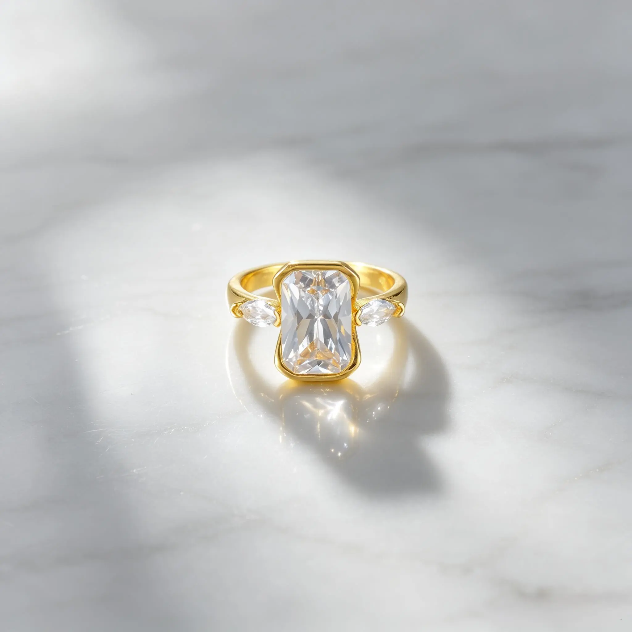 Women's Elegant Gold-Tone Costume Ring, Large Radiant Cut Clear Center Stone, Small Pear Accent Stones, Fashion Jewelry Accessory