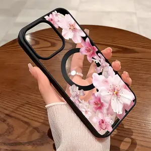 Pink Tropical Flowers Coquet Pattern Magnetic Phone Case Supports Wireless Charging for iPhone 17 15 16 14 Pro Max 13 12 11 Plus Air Shockproof Non Slip Protection Transparent Acrylic Cover Cellphone Protective Smartphone Fashion Casing