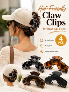 4Pcs Hat-Friendly Claw Clips for Women Tortoise Shell Acetate Style, Large Non-Slip Strong Hold Trucker Hat Hair Clips for Thick Hair, Baseball Cap Claw Clip Set for Ponytail Bun Hairstyles, Daily Wear, Travel, Sports, Outdoor and Gifts