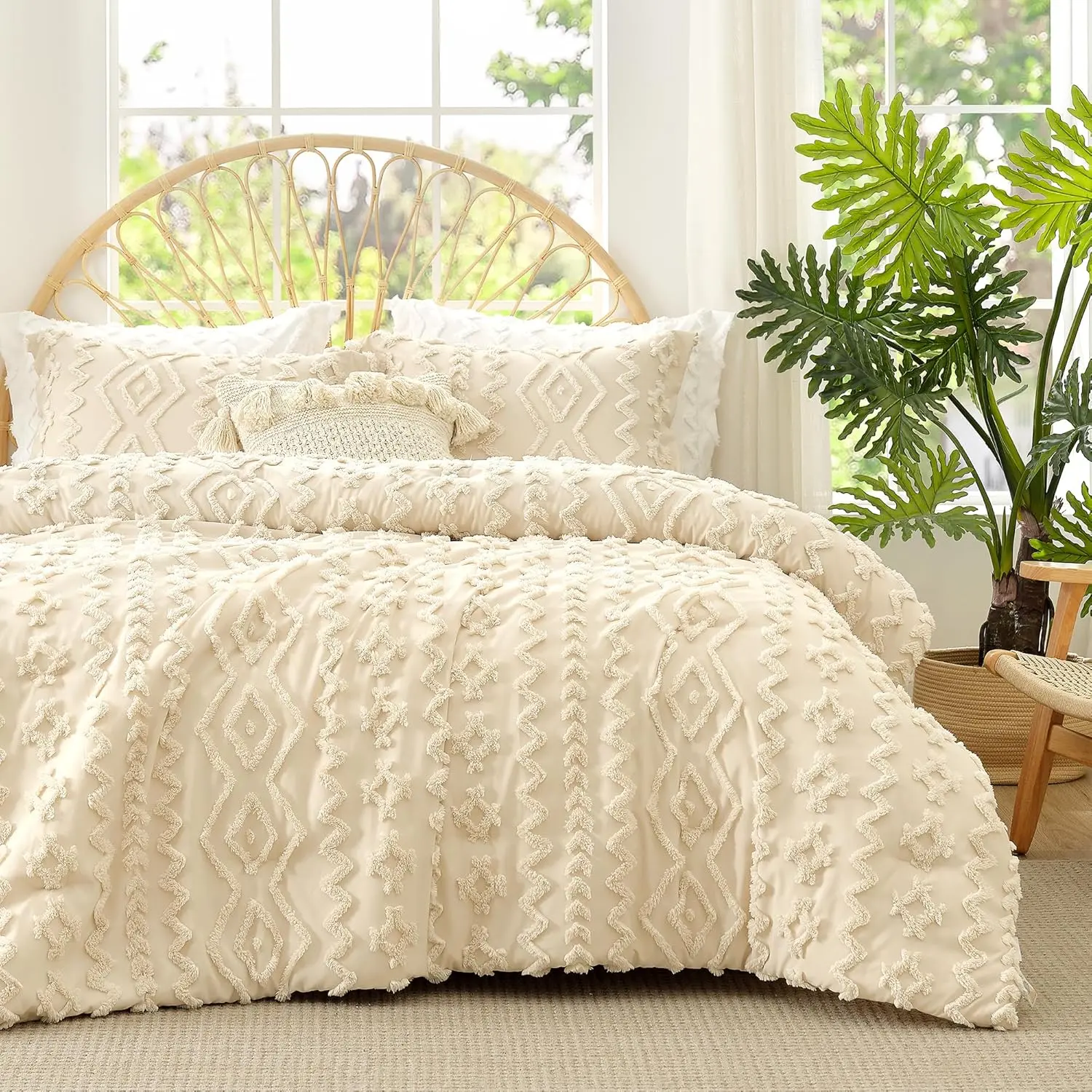 King Size Boho Comforter Set - 3-Piece Beige, Olive Green & Charcoal Grey Breathable Hollow Fiber Bedding Set, Rustic Farmhouse Luxury Gift for Women, All Seasons Soft Cozy Diamond Comforter for Home Decor, Vacuum‑Packed Fresh