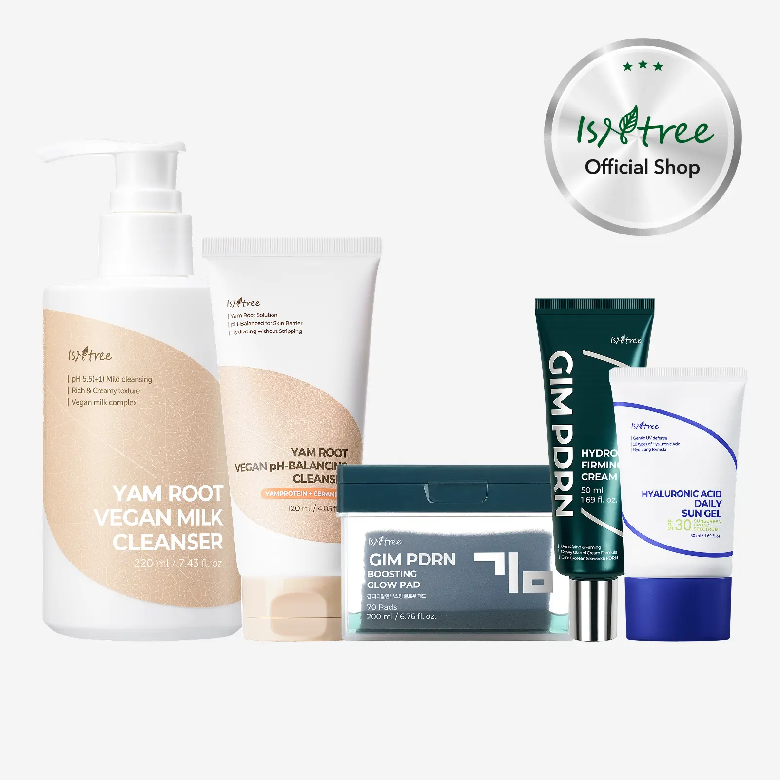 [isntree Official Shop] Full Cakey Makeup Reset Routine Set - Yam Root Vegan Cleansers + GIM PDRN Glow Toner Pad & Hydro Firming Cream with Sun gel for smooth hydrated & dry skin, Korean Skincare