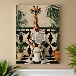 Funny Giraffe Canvas Wall Art Poster – 2D Flat Animal Print, Creative Bathroom Decor for Living Room, Bedroom, Farm, Hotel & Cafe