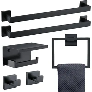6- Black Bathroom Hardware Set 23.6 Inch Towel Bar Set Double Towel Bar Towel Ring Coat Hook and Toilet Paper Holder with Shelf Wall Mounted Stainless Steel Bathroom Accessories Set