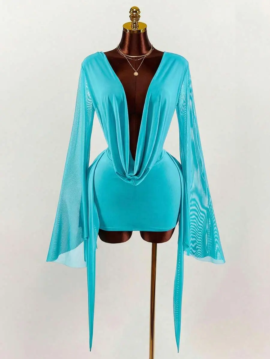 Romantic Vacation Earthy Tone Low-Cut Draped Collar, Flared Sleeves, Bodycon Mini Dress Bell Sleeves
