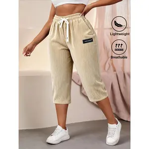 Women Soft Corduroy Capri Pants Adjustable Drawstring Waist Solid Color Lightweight Breathable Casual Cropped Trousers Summer Daily Outdoor Fashion Layering Streetwear Pants