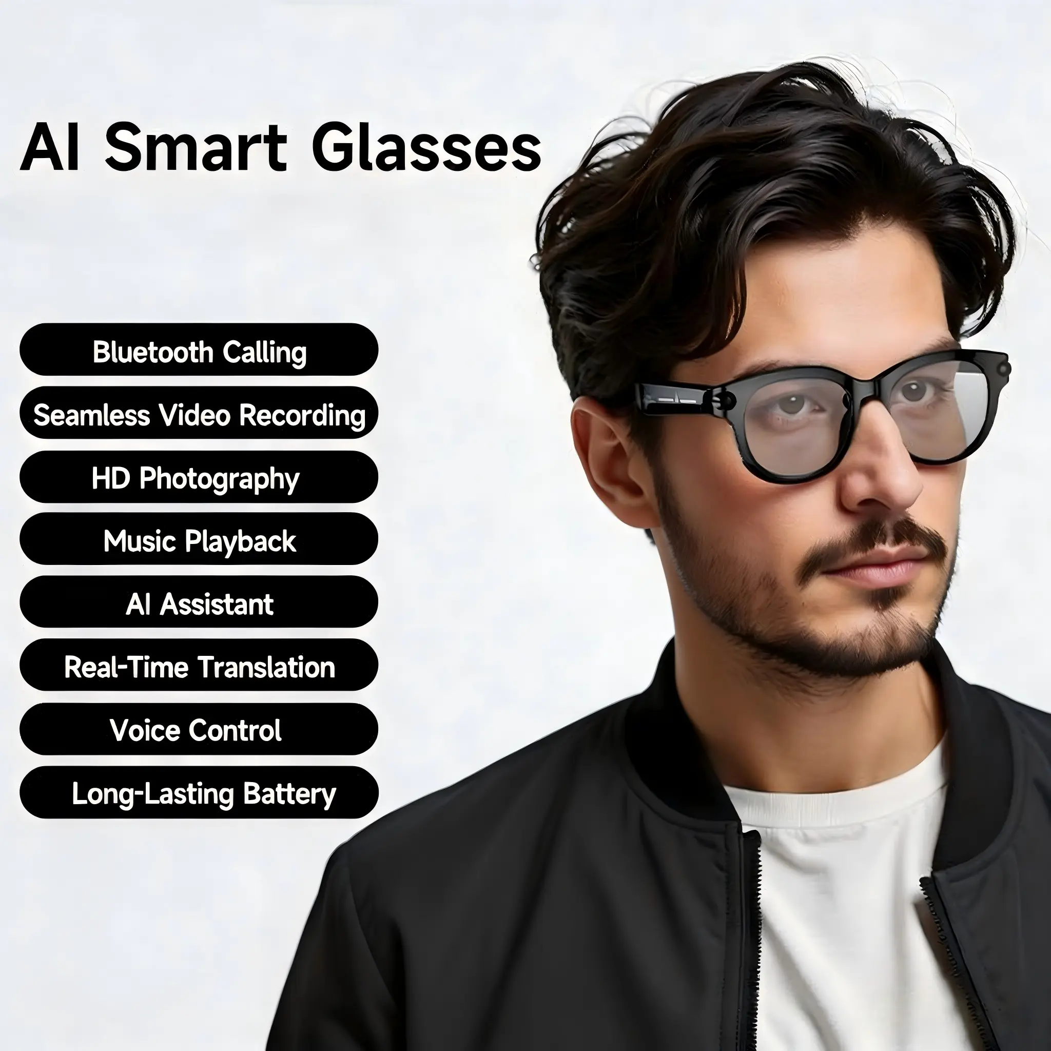 Smart Glasses with 2MP Anti-Shake Camera for Video Recording & Photo Taking, Hands-Free Bluetooth Calling, Translation, Object Recognition, AI Assistant Conversation, Wireless Portable Design for Outdoor & Indoor Use