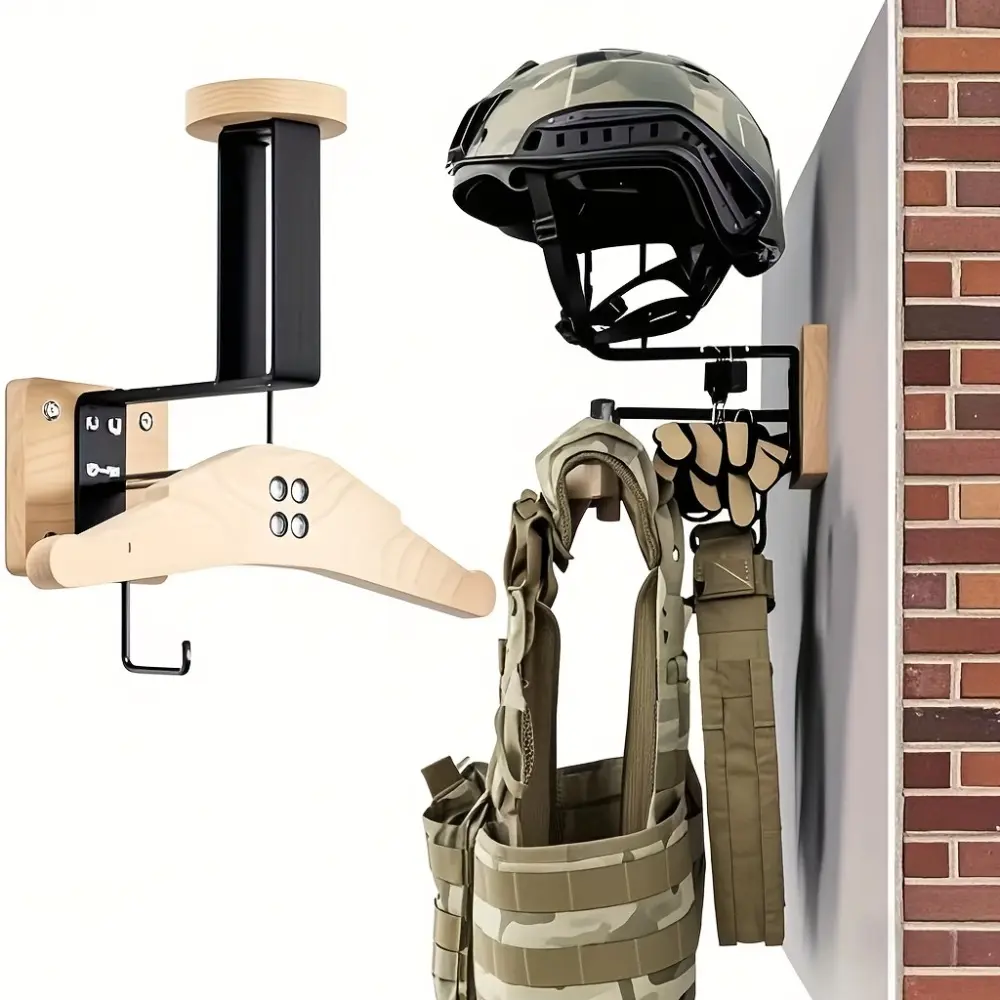 [Stainless Steel & Wooden] Stainless Steel & Wooden Motorcycle Helmet Wall Mount | Wall Mounted Storage Rack with Home Organizer Hook - Multifunctional Outdoor Gear, Soccer, Cycling Equipment Organizer