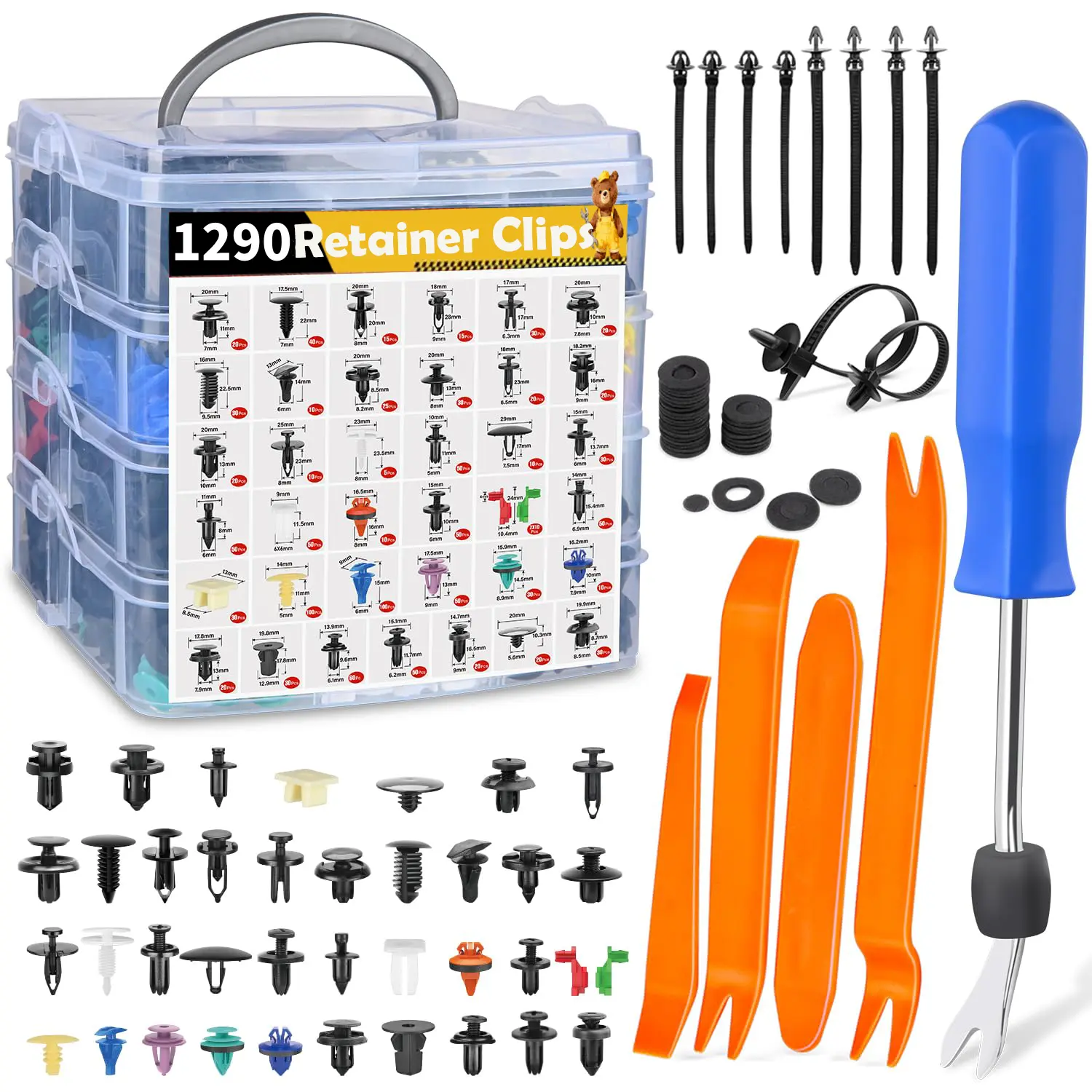 1290PCS Car Retainer Clips Kit, Auto Push Pin Rivets Fasteners Set with Trim Removal Tools, Universal Bumper Fender Door Panel Clips for Car SUV Truck Repair