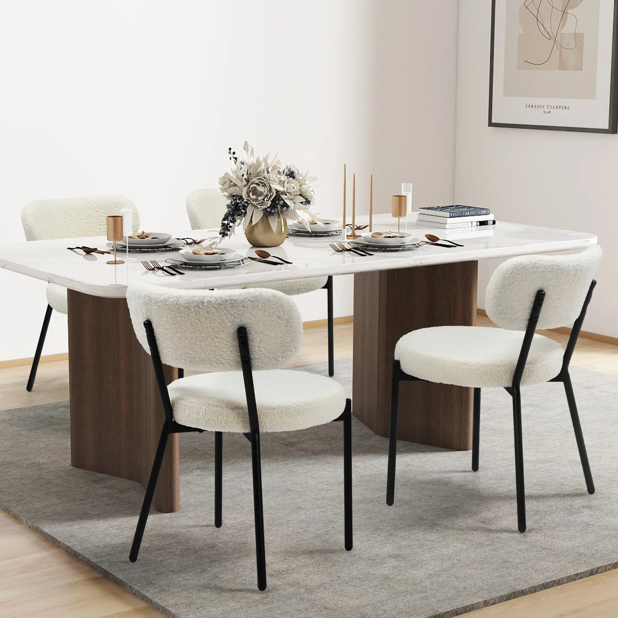2-Seat Modern Boucle Fabric Upholstered Dining Chairs Set, Curved Back Thick Cushions Metal Legs Indoor Dining Room Furniture