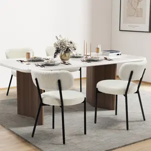 Sweet Furniture Set of 2 Boucle Upholstered Dining Chairs with Curved Backrest & Metal Legs Mid Century Modern Round Kitchen Chairs for Home Decor