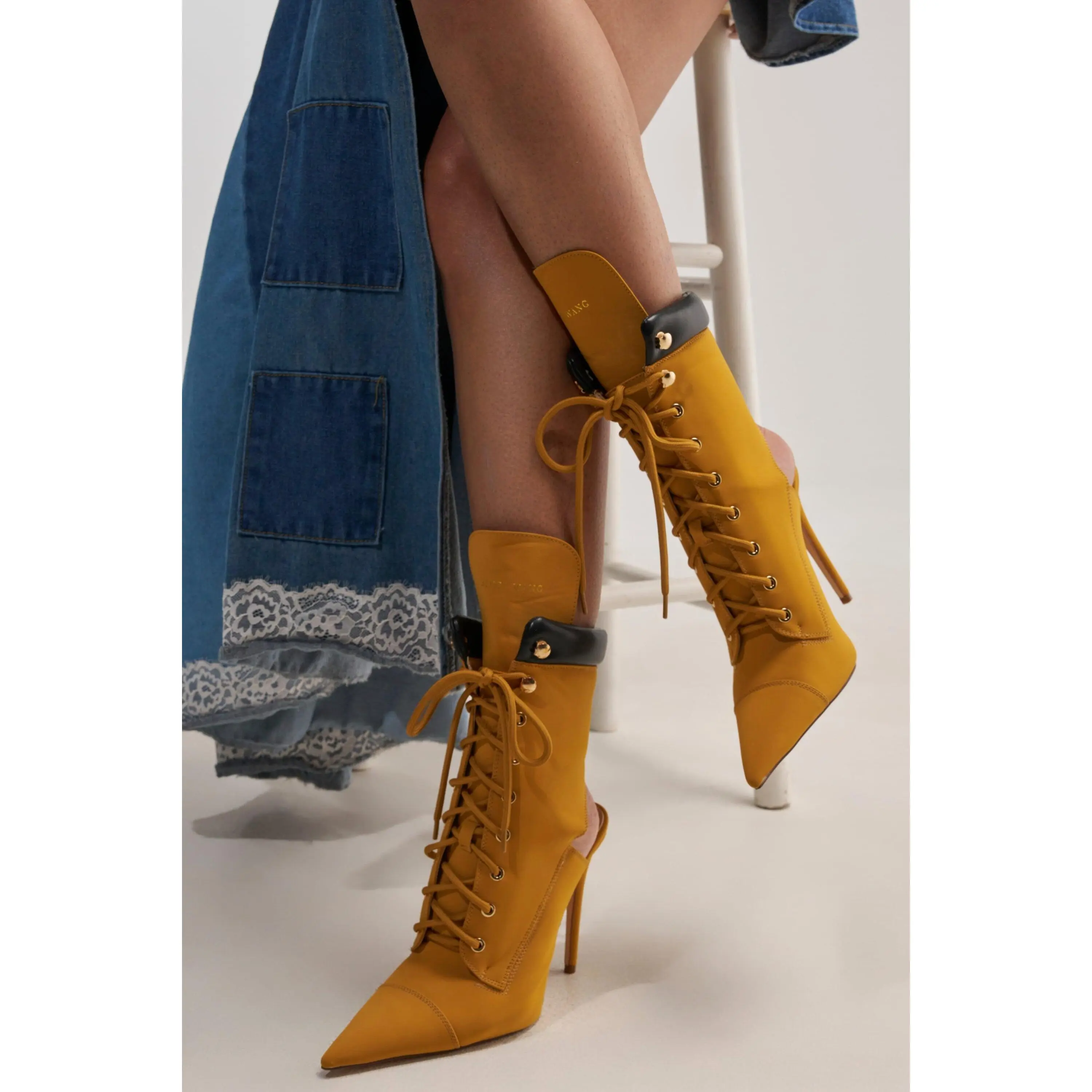AZALEA WANG XIOMARA YELLOW LACE UP STILETTO BOOTIE