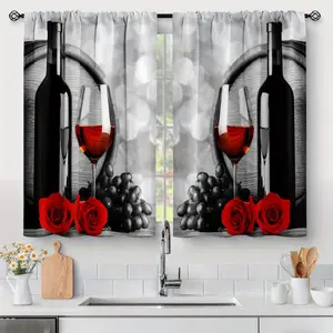 2pcs Red Rose and Wine Blackout Curtains, Rustic Romantic Valentine Farmhouse Print Kitchen Decor, 28x40inch, Rod Pocket Design Short Drapes for Small Windows, Cafe, Shop, Kitchen, Bathroom Room Decor, Machine Washable panel set darkening floral