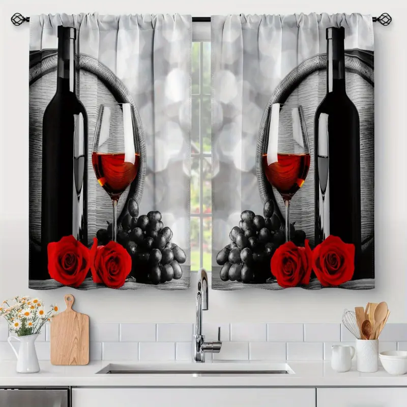 2pcs Red Rose and Wine Blackout Curtains, Rustic Romantic Valentine Farmhouse Print Kitchen Decor, 28x40inch, Rod Pocket Design Short Drapes for Small Windows, Cafe, Shop, Kitchen, Bathroom Room Decor, Machine Washable Foldable Colorful Divider
