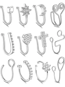12Pcs Fake Nose Rings Hoop Inlaid CZ Nose Cuff Non Piercing for Women Men Clip On Nose Rings CZ Flower Cross Faux Nose Piercings Hoop Hypoallergenic Silver/Rose Gold Tone Non Piercing Jewelry