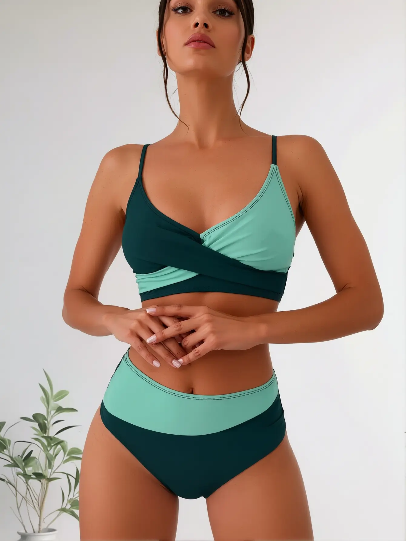 Sexy Emerald & Mint Green Bikini - Twist Front High-Waisted Slim-Fitting, Forestcore Beach Vacation Swimwear